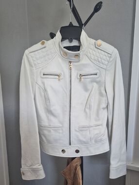 Moda International White Quilted Trim Moto-Style Jacket with Gold Hardware